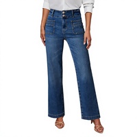Jean ample pour femme, coupe droite, taille haute, jambe large, en denim extensible, bleu lavable, taille 10