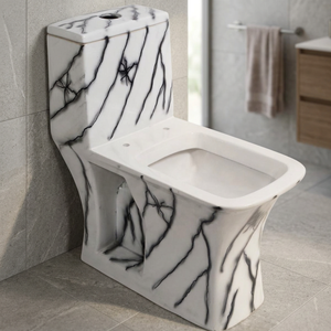 WC monobloc personnalisable en céramique avec siphon en S, design lignes or, blanc et noir, à poser au sol - Product Image 2