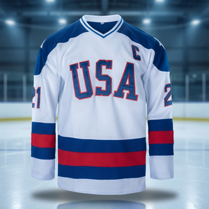 Maillot de hockey sur glace USA pour homme, manches longues, col en V, uniforme d'équipe brodé, rayures blanches, bleues et rouges, 100% polyester respirant - Product Image 4