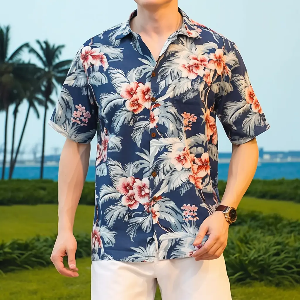 Verão manga curta praia camisa tropical polinésia tecido impressão camisas havaiano colarinho rayon camisas homens