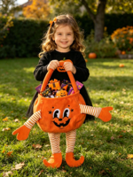 Sac à bonbons en peluche monstre mignon avec logo personnalisé, LED, pour Halloween, sac à bonbons lumineux, pliable, réutilisable, panier d'Halloween