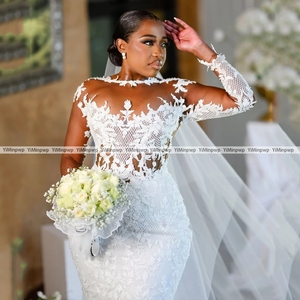 <span class=keywords><strong>Abiti</strong></span> da Sposa di Lusso Stile Sirena con Applicazioni Africane, Maniche Lunghe, Tulle Aso Ebi, Vestiti da Sposa Personalizzabili - Product Image 4