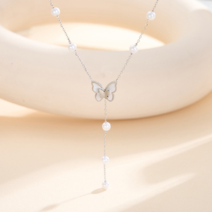 Collier délicat STPN06 en forme de papillon <span class=keywords><strong>avec</strong></span> perles, en acier inoxydable doré, <span class=keywords><strong>avec</strong></span> perles de coquillage, design élégant en forme de Y, moderne pour femmes - Product Image 4