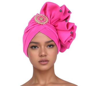Chapeau africain traditionnel à fleurs et perles <span class=keywords><strong>Mariage</strong></span> Musulman Nail Diamond African Sego Headtie <span class=keywords><strong>Hijab</strong></span> Hat - Product Image 5