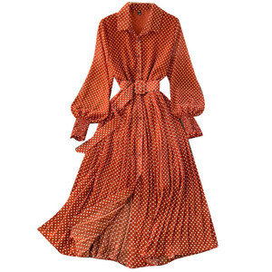 Vestidos Vintage de Diseñador Otoño 2026 para Mujer, Nueva Colección <span class=keywords><strong>en</strong></span> Oferta, Vestido de Gasa con Estampado de Puntos, Plisado, Manga Larga, Botones Decorativos - Product Image 1