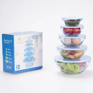 Y Groothandel 5 Stuks Glazen Container Houden Verse Kommen Set Ronde Glazen Fruit Slakom Met Bijpassende Plastic Deksel