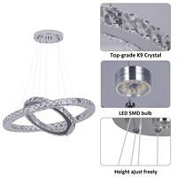 Lustre à 2 anneaux en acier inoxydable avec cristaux LED pour hôtel, restaurant et chambre - CRI élevé 90, garantie de 2 ans