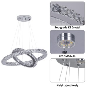 Lustre à 2 anneaux en acier inoxydable avec cristaux, suspension LED, luminaire de plafond pour projets commerciaux, restaurants et chambres - Product Image 4