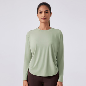 Vente chaude Femmes Nude Respirant Séchage Rapide Lâche Sport Chemises À Manches Longues Côté Tirer Corde O Cou Fitness Yoga T-shirts - Product Image 4
