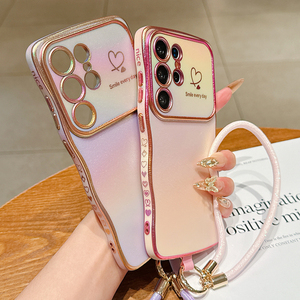 Mạ điện mềm TPU bảo vệ trường hợp điện thoại với dây đeo cổ tay cho Samsung S25 siêu S24 cộng với Laser đầy màu sắc lượn sóng khung trái tim trường hợp - Product Image 1