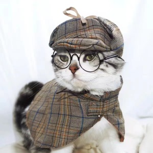 Chapeau et cape de détective pour chien Sherlock Holmes, en polyester écologique, amusant, à carreaux, pour l'Halloween, pour chat britannique à poils courts - Product Image 2