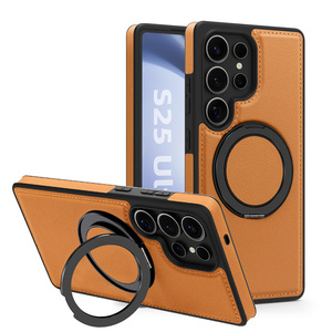 Funda de Cuero de Alta Calidad para Teléfono Samsung S22 S23 S26 <span class=keywords><strong>Ultra</strong></span> S24 S25 Plus, Carga Magnética Inalámbrica con Soporte de Anillo Metálico de 360 Grados - Product Image 1