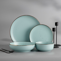 Service de table en porcelaine LOMATO Luxury Classic Turquoise Dot Speckle avec bordure dorée, assiettes plates mates, bols à soupe, respectueux de l'environnement