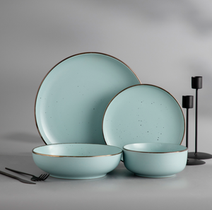 Luxury Turquoise Dot Speckle Porcelain Tableware Set, Gold Trim Matte Dinner Plates Soup Bowls Wedding Banquet Kitchen Dinner - Product Image 4