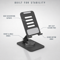Support de téléphone rotatif à 360 degrés, support de bureau pliable en alliage, base pivotante en acier au carbone, réglable pour téléphone et tablette