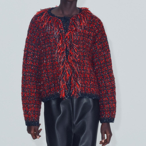 <b>Women</b> Red Black <b>Tweed</b> Knit Cardigan Fringe Tassel Open Front Round Neck Thick Long Sleeve Winter Knitted <b>Jacket</b> OEM - Product Image 1