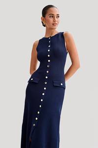 Bouton revers coupe ajustée tricoté femmes sans manches bouton O cou pull robe bouton côtes mince Ribeed élégant Maxi robe 2905 - Product Image 2