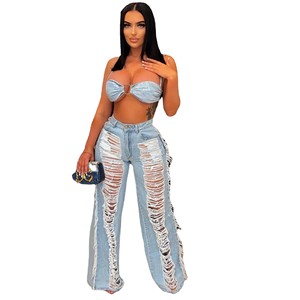 Tops cortos informales y pantalones con borlas para <span class=keywords><strong>mujer</strong></span>, novedad, traje vaquero de 2 piezas - Product Image 4