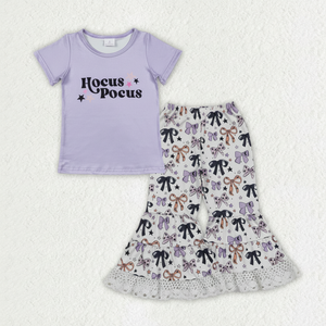 เสื้อผ้าเด็กผู้หญิงขายดีเสื้อแขนสั้นมีโบว์สีชมพูชุดสำหรับฤดูใบไม้ร่วงพร้อมกางเกงขากระดิ่ง - Product Image 1