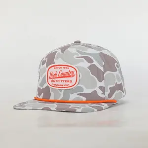 Yüksek kalite toptan özel tasarım Logo 5 Panel spor halat şapka, Camo Polyester düz ağız Gorras, nakış yama Snapback kap