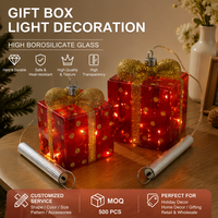 Boîte Cadeau en Verre avec Poignée Lumineuse LED Suspendue, Décoration de Noël, Vente en Gros Fabricant OEM, Rouge Doré, Borosilicate, pour Table