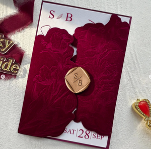 Luxury Gravure <strong>Printing</strong> Invites Elegant Burgundy Floral Velvet Wedding <strong>Invitation</strong> with <strong>Personalized</strong> Gold Wax Seal - Product Image 1