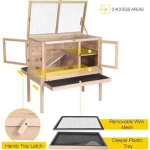 ที่อยู่อาศัยสัตว์เลี้ยงขนาดเล็กทำจากไม้ธรรมชาติป้องกันการกัดแทะ - บ้านสองชั้นสำหรับใช้ในร่มพร้อมทางลาดแบบถอดได้ ถาดลวดตาข่ายแบบดึงออกได้ - Product Image 4
