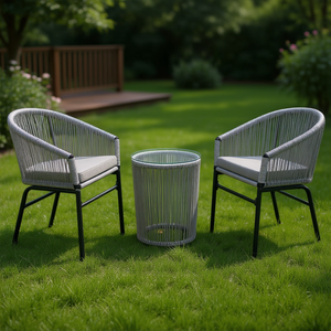 Conjunto de Bistro de 3 Piezas en Ratán Gris con Cojines, Muebles de Jardín para Exteriores, Estilo Contemporáneo, Estructura de Acero - Product Image 2