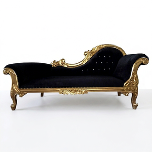 French Wedding Black Velvet Tufted <b>Antique</b> Solid Wood Chaise Lounge <b>Sofa</b> Living Room Furniture - Product Image 1