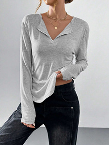 Camiseta Casual de Manga Larga para Mujer, Cuello en V, Dobladillo Curvo, Holgada, Básica, Venta al Por Mayor, Éxito de Ventas 2026 - Product Image 2