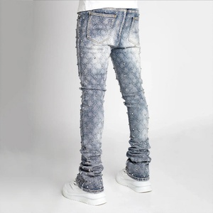 Jeans de Mezclilla Ajustados de Cintura Alta para Hombre, Estilo Cargo, con Adornos de Diamantes y Acabado Deslavado, Venta al por Mayor - Product Image 2
