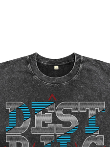 T-shirts en coton noir délavé à l'acide pour hommes, col rond, imprimé DTG lettres brisées, coupe décontractée, respirants - Product Image 3