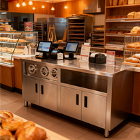 Îlot central de cuisine personnalisé, équipement de cuisine commercial, table de travail en acier inoxydable avec distributeur de gobelets et rangement