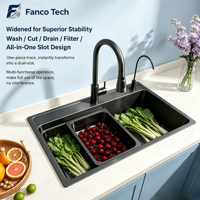 Évier de cuisine en acier inoxydable SUS304 OEM, à cuve unique, double couche, trois trous, finition PVD noir mat de qualité alimentaire, sans soudure, à débosselage profond