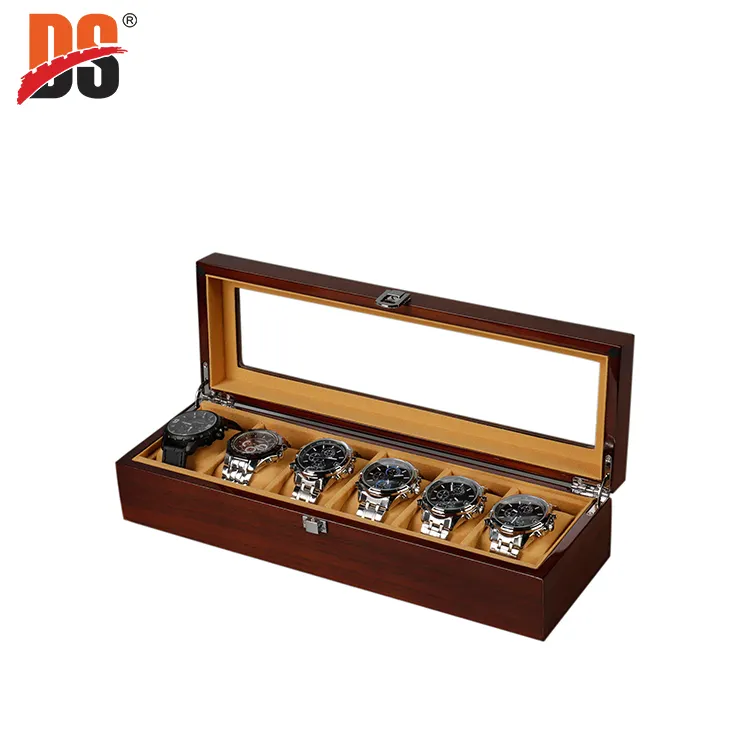 Boîtier de montre en bois brillant à 6 fentes, fait à la main, personnalisé, doublure en velours, cadeau, boîte de présentation de montre en bois avec couvercle en verre