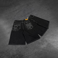 Shorts en jean pour homme coupe droite et large, style baggy, avec broderie personnalisée, logo, patchwork, poche et étiquette personnalisée