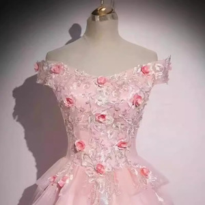 Pink Floral Off Shoulder Ball Gown Chiffon Empire Waistline Evening Dress For Solo Singers Art Exam Piano Guzheng Players - Product Image 3