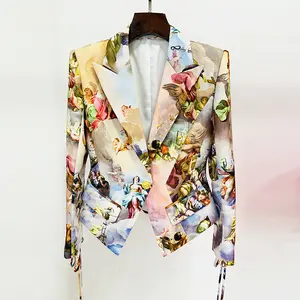 2023 élégant impression dame bureau Floral à la mode manteau à lacets à manches longues mince coupe haute rue femmes Blazer