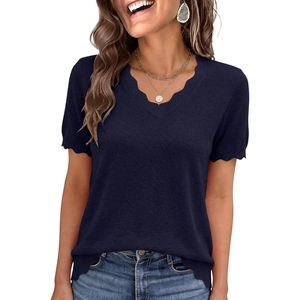 FOXA Pull en tricot côtelé à manches courtes et col en V pour femme, haut décontracté léger d'été - Product Image 1