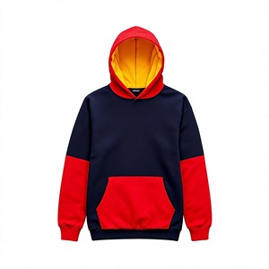 Men's Color Blocking Hooded Sweatshirt Regular Fit Knitted Casual Autumn Wear <b>Red</b> Navy Pocket Design Pullover <b>Hoodies</b> Seamed - Product Image 5