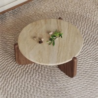 2025 Table basse moderne en bois massif avec dessus en travertin coin rond Design ensemble de meubles de salon meubles de maison Table d'appoint