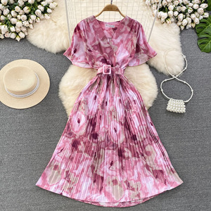 Ym919 Đầm xếp li eo thon thắt lưng ngắn tay in họa tiết nhuộm Cà Vạt 2025 sang trọng Hàn Quốc Đầm nữ - Product Image 5