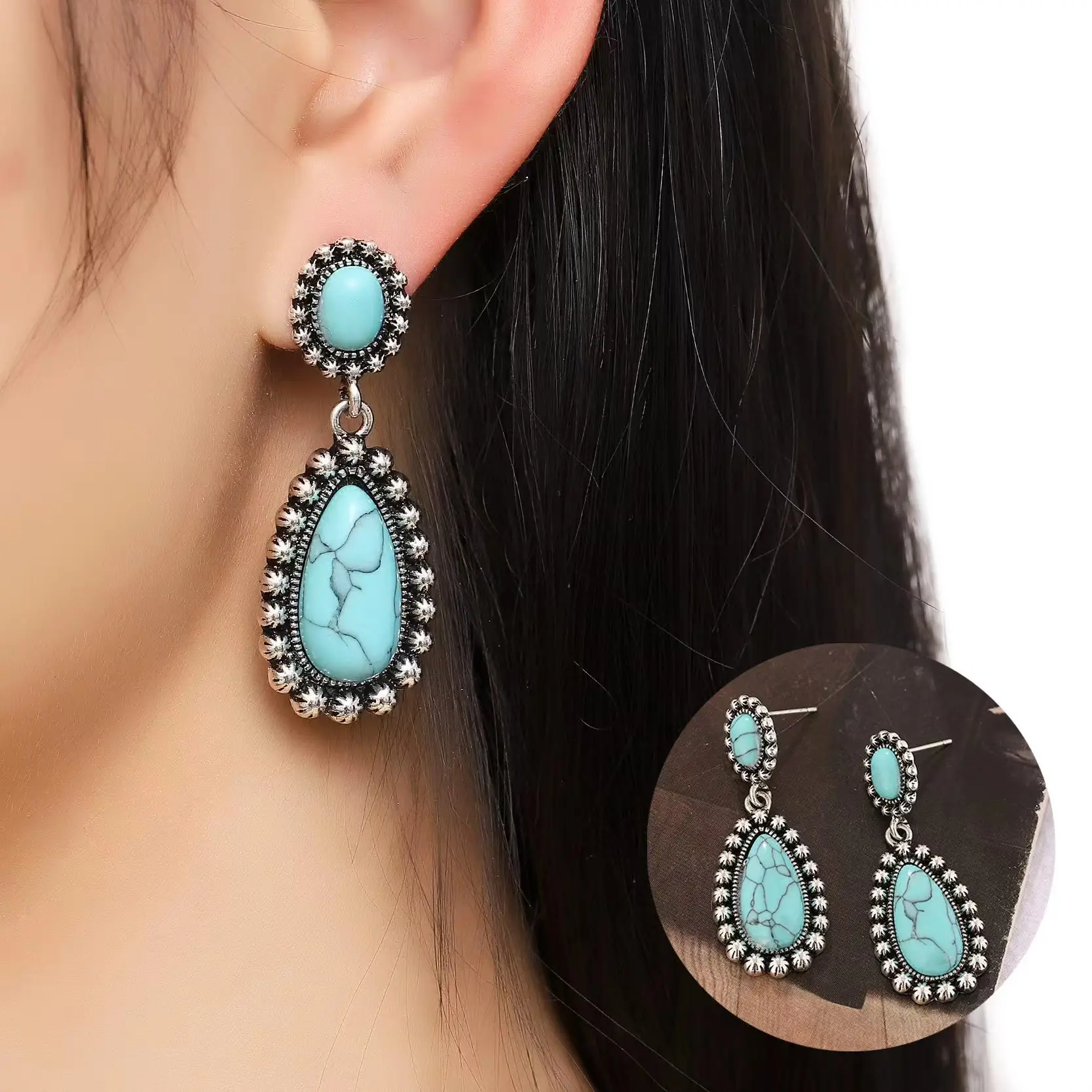 Boucles d'oreilles en perles de Turquoise en forme de goutte d'eau pour femmes, Design Boho, vente en gros