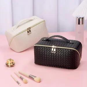 Grande capacidade impermeável Cosmetic Bag PU Leather Travel Cosmetic Bag Maquiagem Bag com alça para mulheres