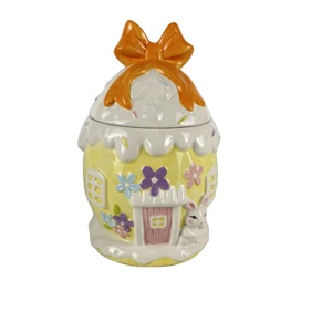 Pot à biscuits <span class=keywords><strong>en</strong></span> céramique <span class=keywords><strong>en</strong></span> forme d'œuf Lapin de Pâques avec nœud orange, décoré à la main, pour rangement de cuisine, cadeau - Product Image 1