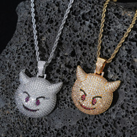 Collier Pendentif Émoji Diable Souriant Iced Out en Laiton CZ Doré Argenté avec Chaîne Corde, Bijoux Hip Hop pour Hommes Femmes, Cadeau