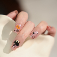 Ongles à presser en amande, motif œil de chat, fantôme et citrouille d'Halloween, dessin animé, couverture complète