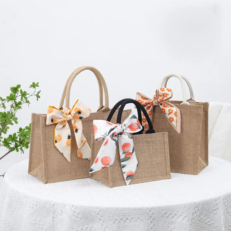 Large Burlap Tote Bags DIY Decorating Reusable Jute Tote Bag with Silk Ribbon