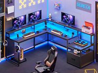 Tiroir de fichiers noir d'approvisionnement d'usine Prise de courant en forme de L Bureau de jeu d'angle Bureau d'ordinateur de jeu avec lumières LED