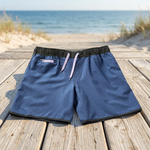Shorts de bain bleus unis pour hommes, taille élastique avec cordon de serrage, poches, style sportif, pour la plage, le surf, la gym, séchage rapide, fournisseur OEM ODM - Product Image 1